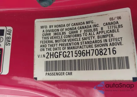 2006 Honda Civic Si z USA, uszkodzony, nr VIN 2HGFG21596H708216
